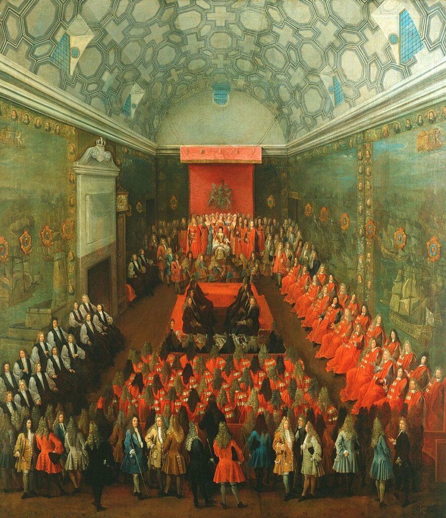 QUEEN ANNE 6 1024px Peter Tillemans c. 1684 1734 Queen Anne 1665 1714 in the House of Lords RCIN 405301 Royal Collection