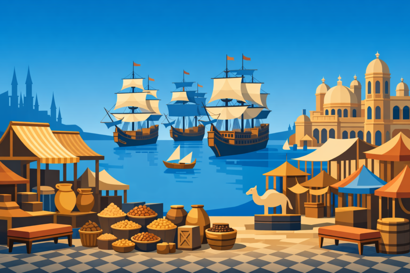 THE BRITISH EMPIRE 3 Exotic port market with sailing ships