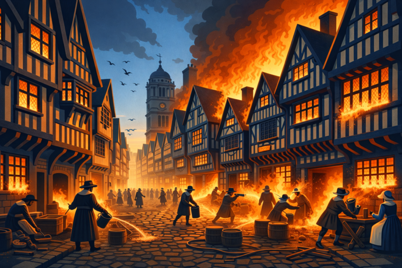 SAMUEL PAPYS 4 Medieval street ablaze at night