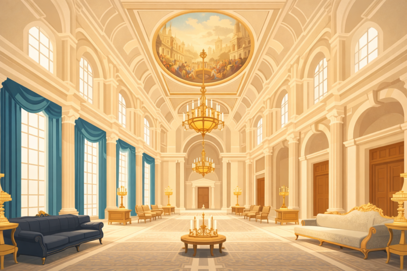 Opulent palatial hall with fresco
