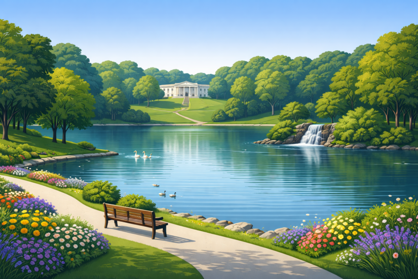 Serene park with mansion and lake