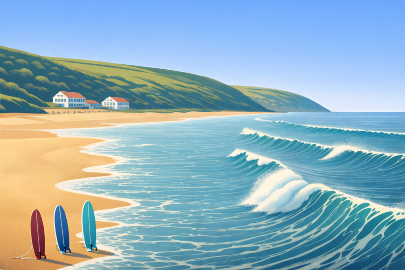 Tranquil beach with colourful surfboards