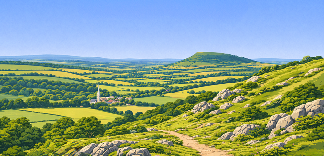 Mendip Hills under bright skies
