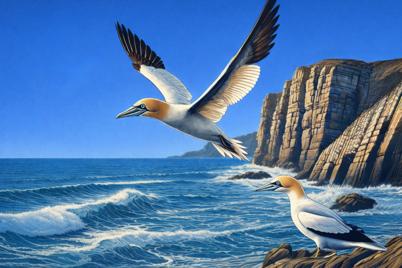 THE BASS ROCK 3 Northern gannets soaring over cliffs