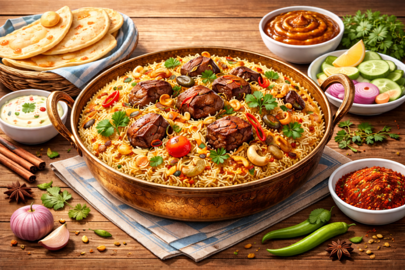 Lamb biryani with accompaniments on wood