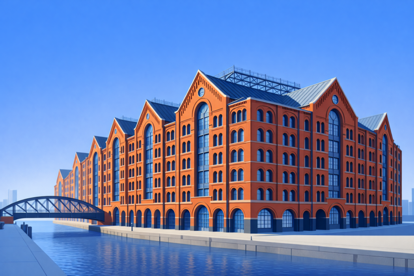 THE TOBACCO DOCK 3 Red brick warehouses along a calm canal
