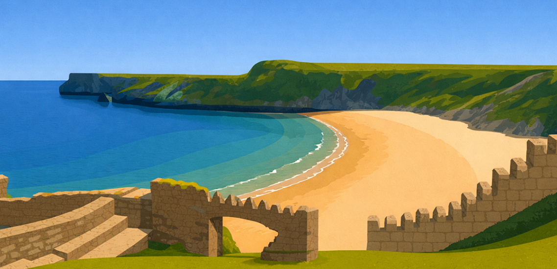 Barafundle Bay and stone archway