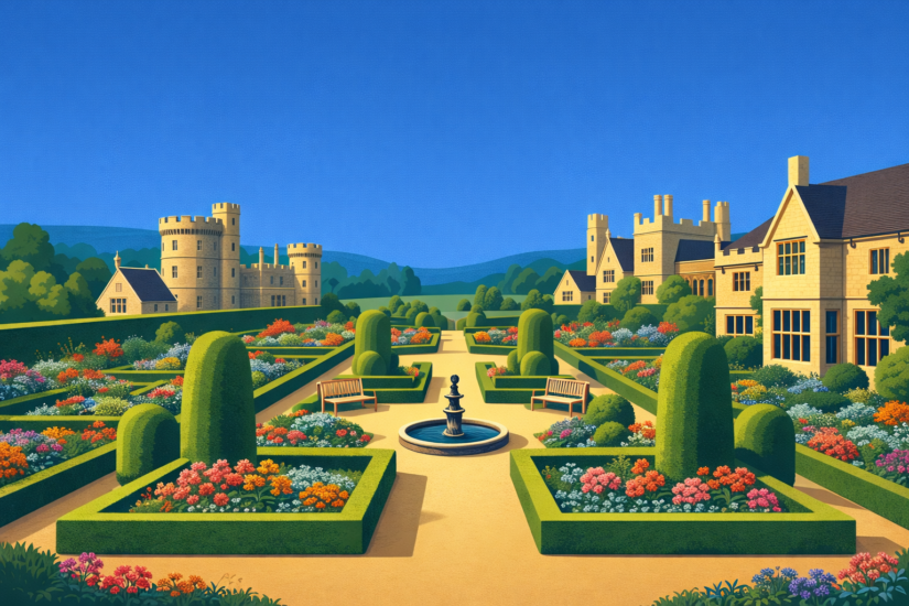 English garden with castle backdrop
