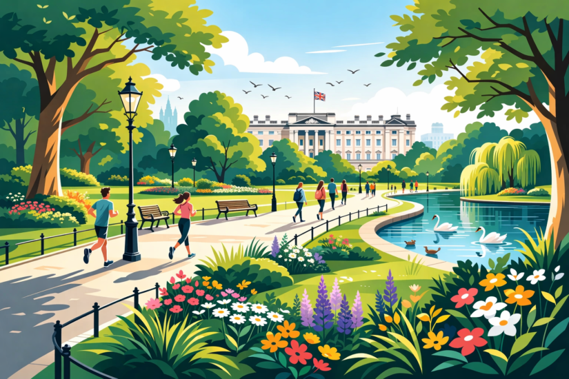 Sunny park with river and palace