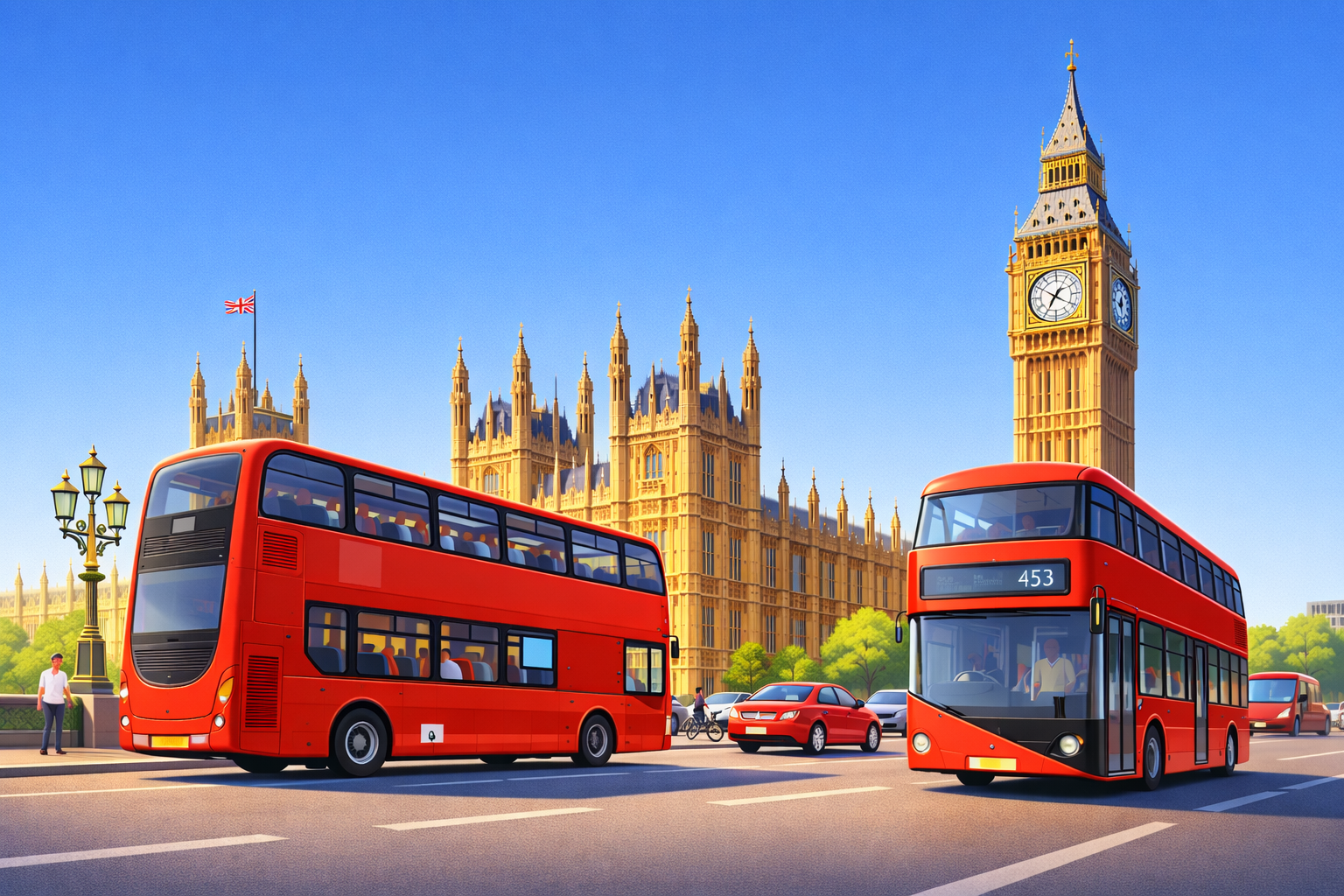 LONDON 3 London buses aroun d Big Ben