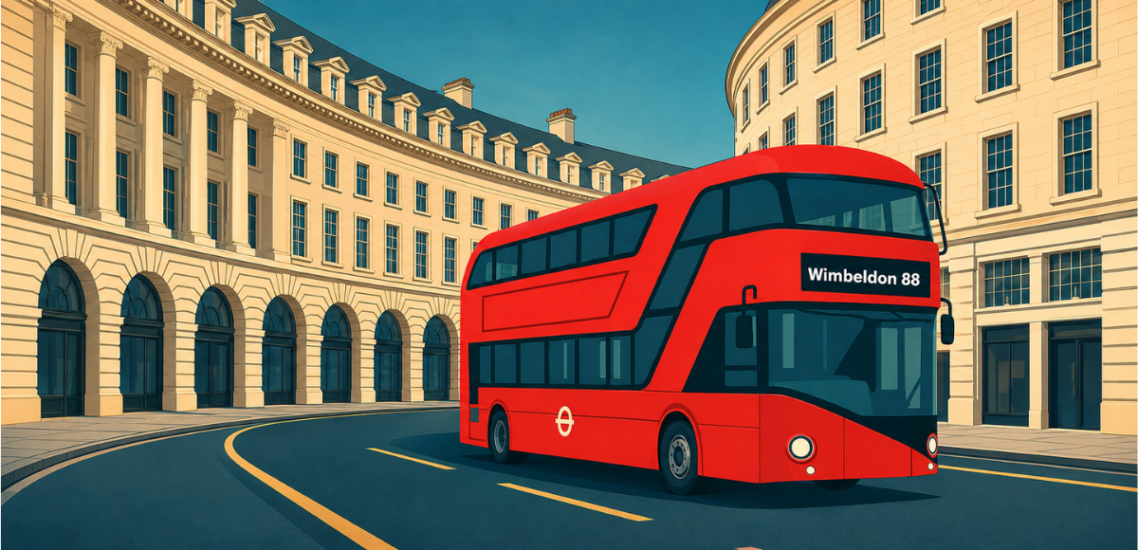 Red bus on a sweeping London street