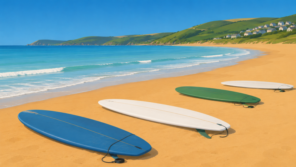 WOOLACOMBE 3 Tranquil beach with surfboards and hills
